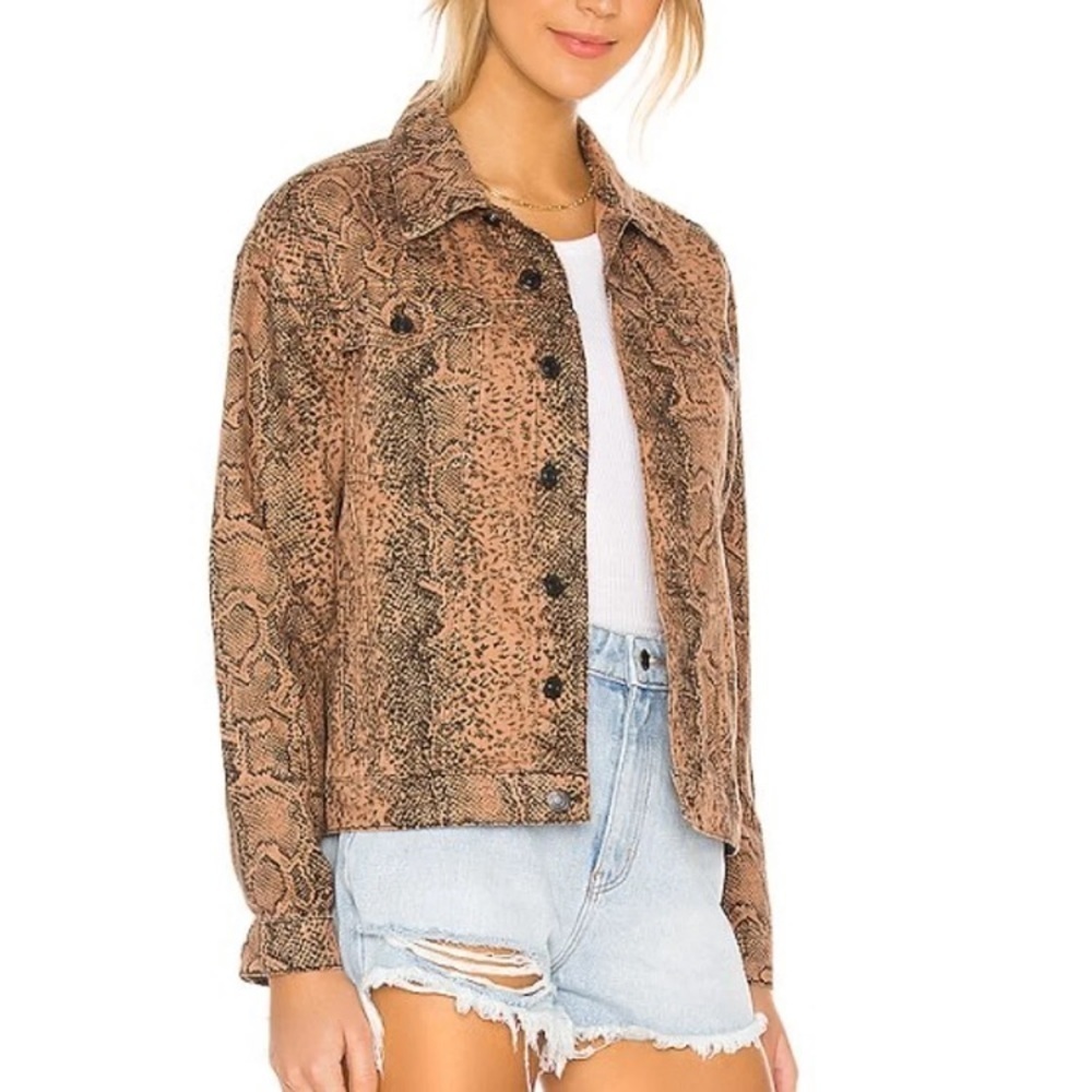 Free People Orange & Black Snakeskin Print Trucker Jacket Size Medium - Picture 2 of 15